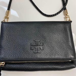Tory Burch Taylor Mini Fold Over Crossbody Clutch Black Leather Tassel Braided